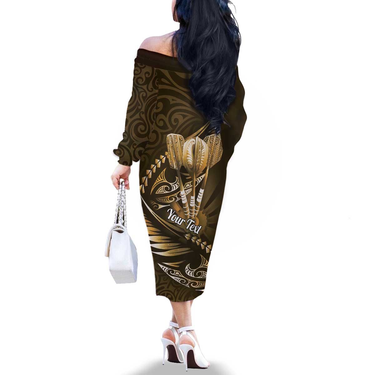 Personalised All Gold New Zealand Darts Family Matching Off The Shoulder Long Sleeve Dress and Hawaiian Shirt Aoteroa Fern Maori Galaxy Style