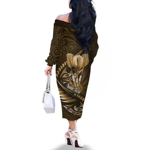 Personalised All Gold New Zealand Darts Family Matching Off The Shoulder Long Sleeve Dress and Hawaiian Shirt Aoteroa Fern Maori Galaxy Style