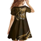 Personalised All Gold New Zealand Darts Family Matching Off Shoulder Maxi Dress and Hawaiian Shirt Aoteroa Fern Maori Galaxy Style