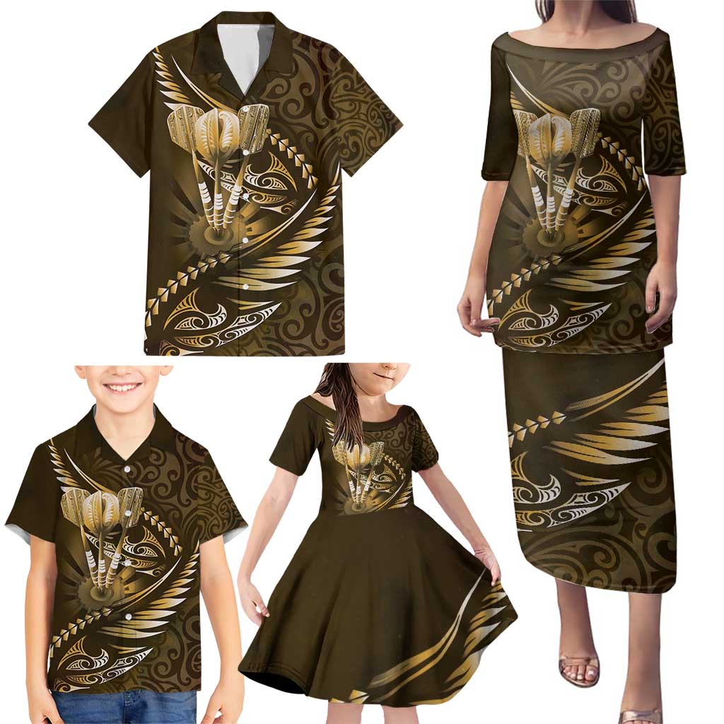 Personalised All Gold New Zealand Darts Family Matching Puletasi and Hawaiian Shirt Aoteroa Fern Maori Galaxy Style