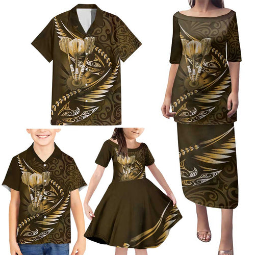 Personalised All Gold New Zealand Darts Family Matching Puletasi and Hawaiian Shirt Aoteroa Fern Maori Galaxy Style