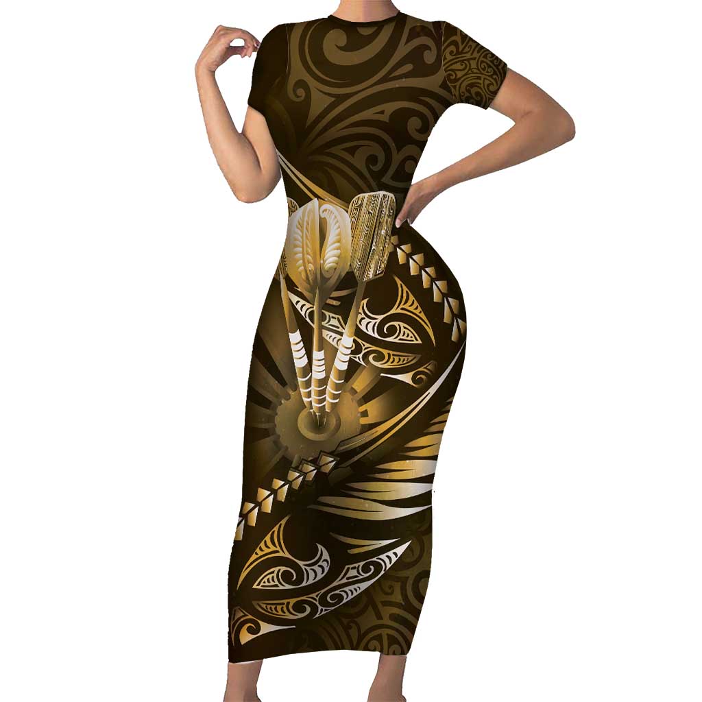Personalised All Gold New Zealand Darts Family Matching Short Sleeve Bodycon Dress and Hawaiian Shirt Aoteroa Fern Maori Galaxy Style