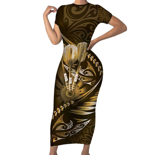 Personalised All Gold New Zealand Darts Family Matching Short Sleeve Bodycon Dress and Hawaiian Shirt Aoteroa Fern Maori Galaxy Style