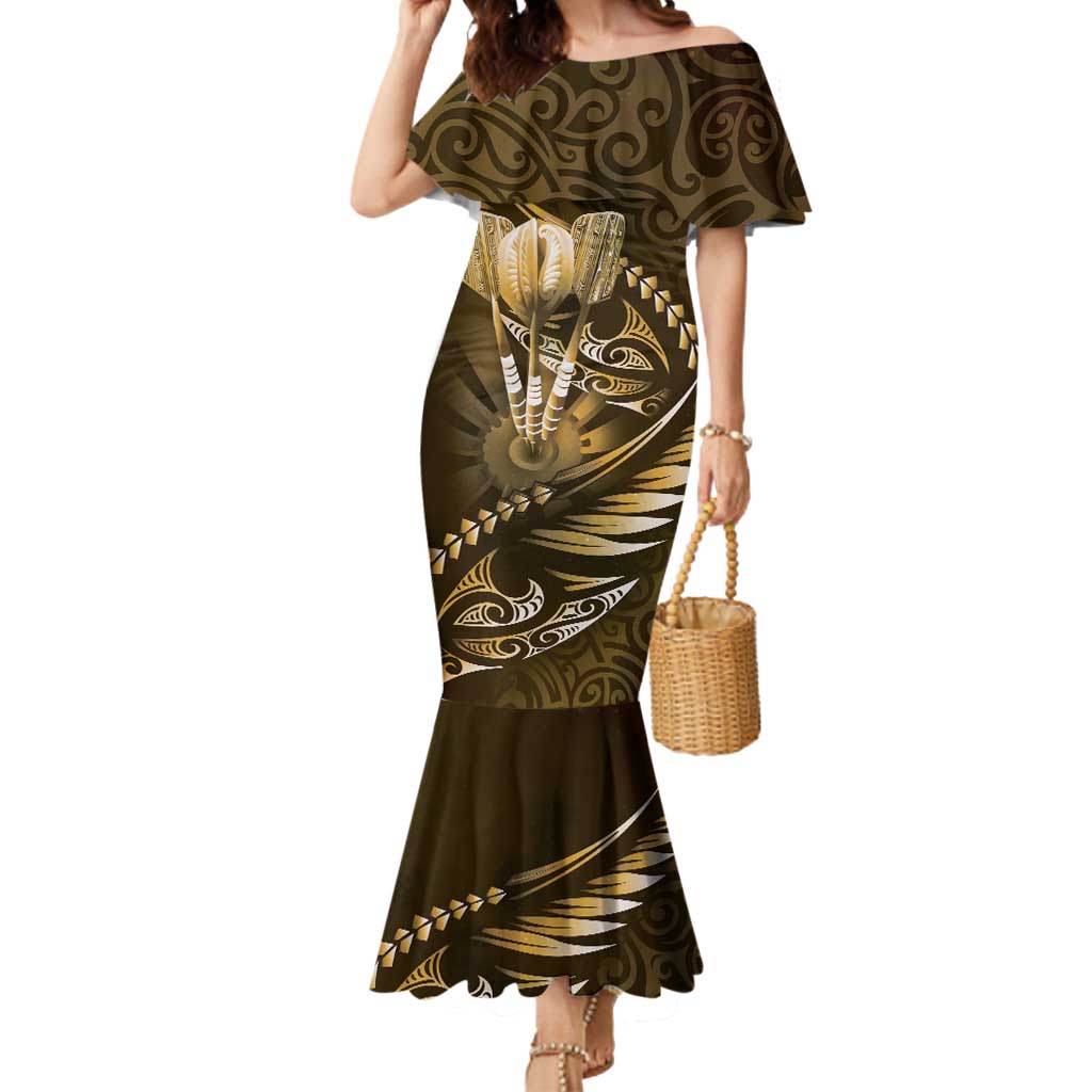 Personalised All Gold New Zealand Darts Mermaid Dress Aoteroa Fern Maori Galaxy Style