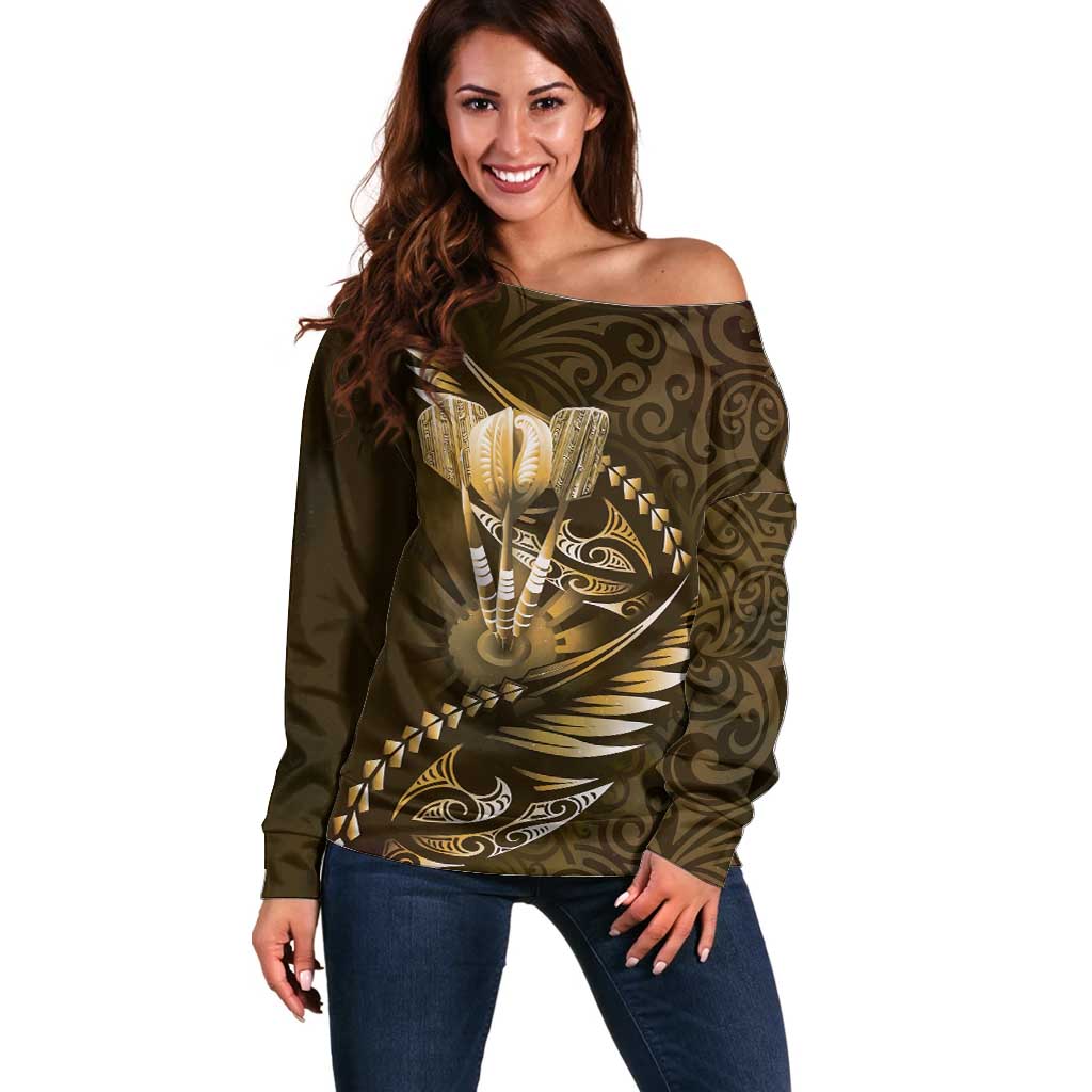 Personalised All Gold New Zealand Darts Off Shoulder Sweater Aoteroa Fern Maori Galaxy Style