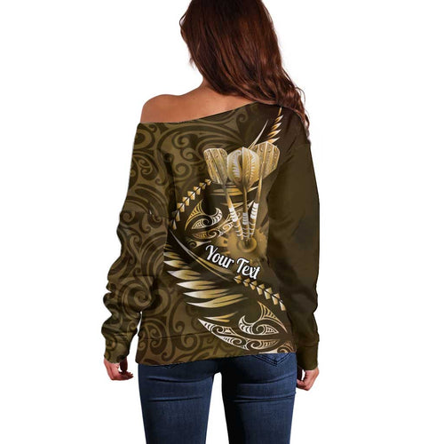 Personalised All Gold New Zealand Darts Off Shoulder Sweater Aoteroa Fern Maori Galaxy Style