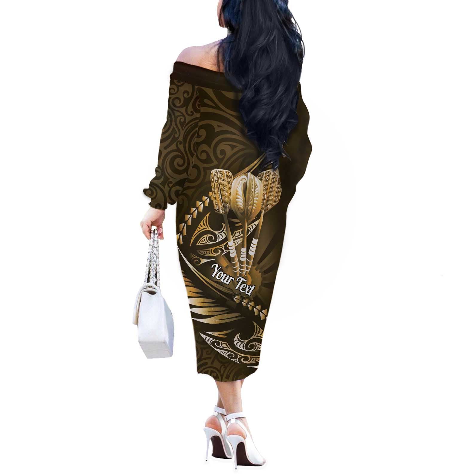 Personalised All Gold New Zealand Darts Off The Shoulder Long Sleeve Dress Aoteroa Fern Maori Galaxy Style