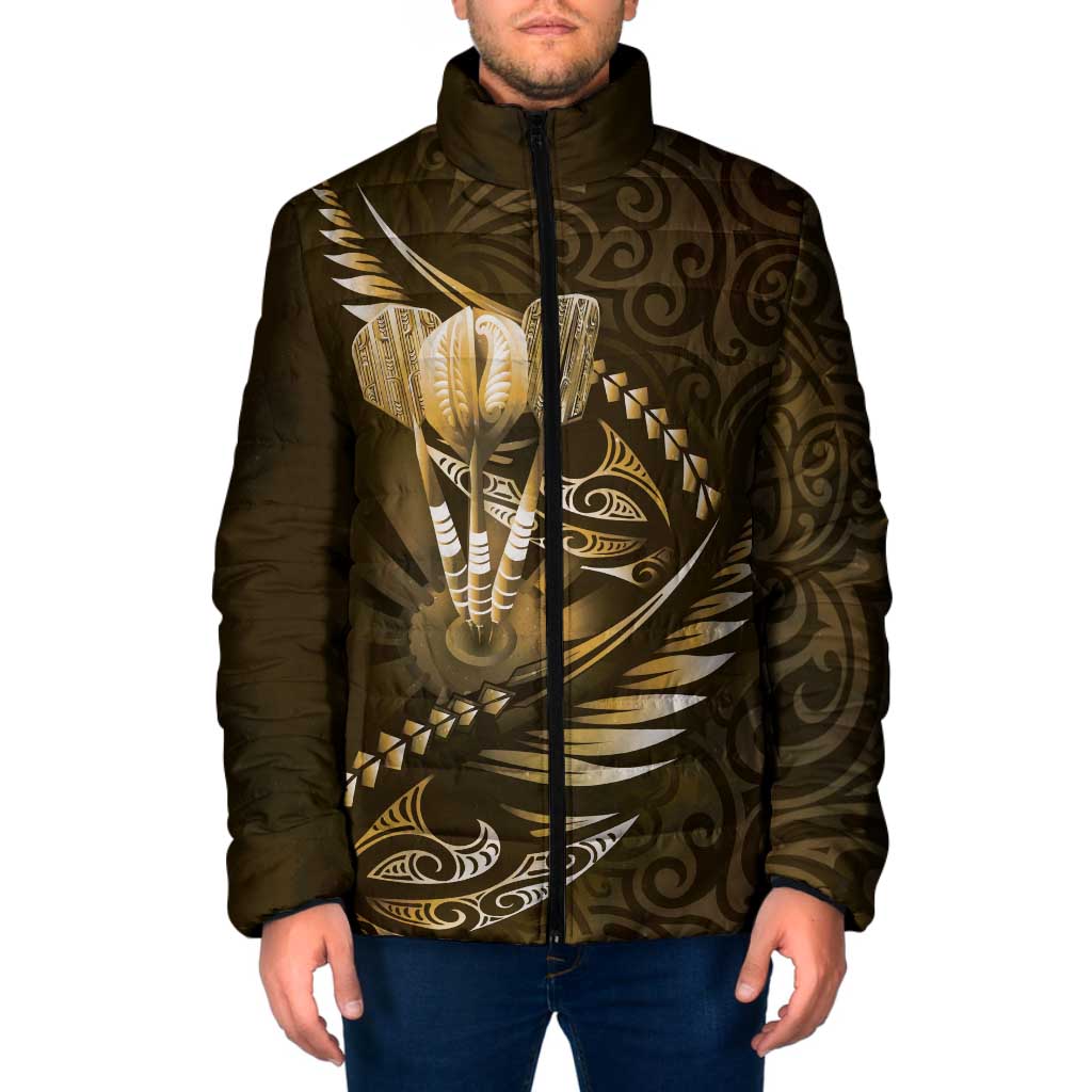 Personalised All Gold New Zealand Darts Padded Jacket Aoteroa Fern Maori Galaxy Style - Aussie Hoodie
