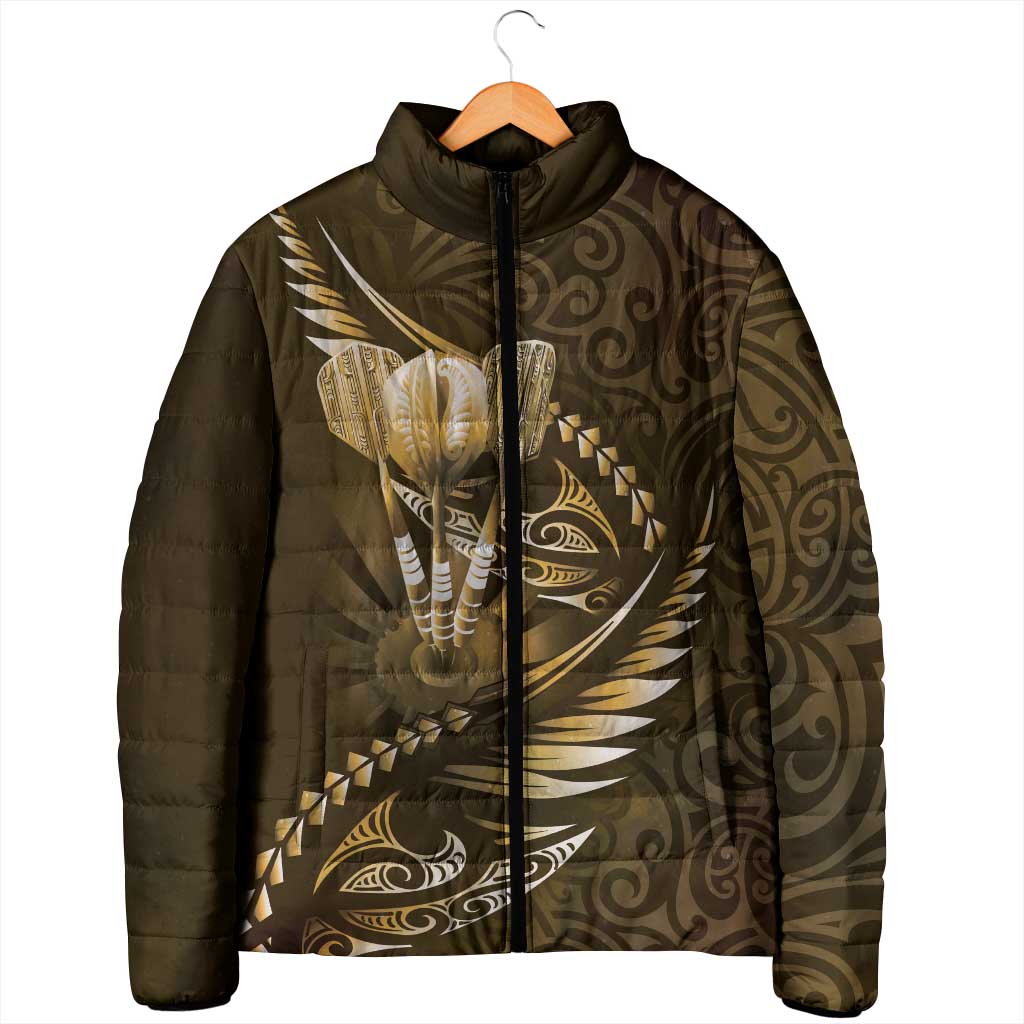 Personalised All Gold New Zealand Darts Padded Jacket Aoteroa Fern Maori Galaxy Style - Aussie Hoodie