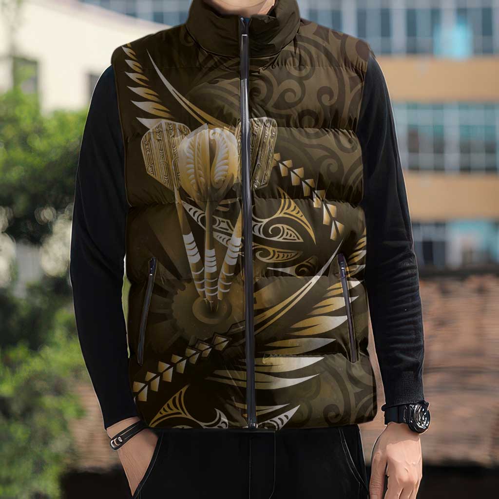 Personalised All Gold New Zealand Darts Sleeveless Puffer Jacket Aoteroa Fern Maori Galaxy Style - Aussie Hoodie