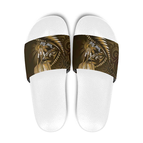 Personalised All Gold New Zealand Darts Slide Sandals Aoteroa Fern Maori Galaxy Style - Aussie Hoodie