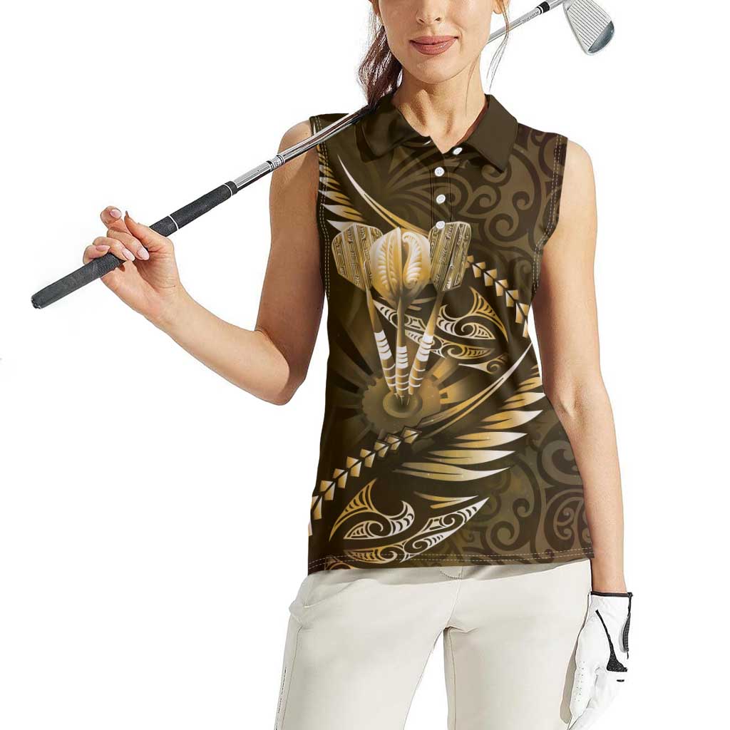 Personalised All Gold New Zealand Darts Women Sleeveless Polo Shirt Aoteroa Fern Maori Galaxy Style