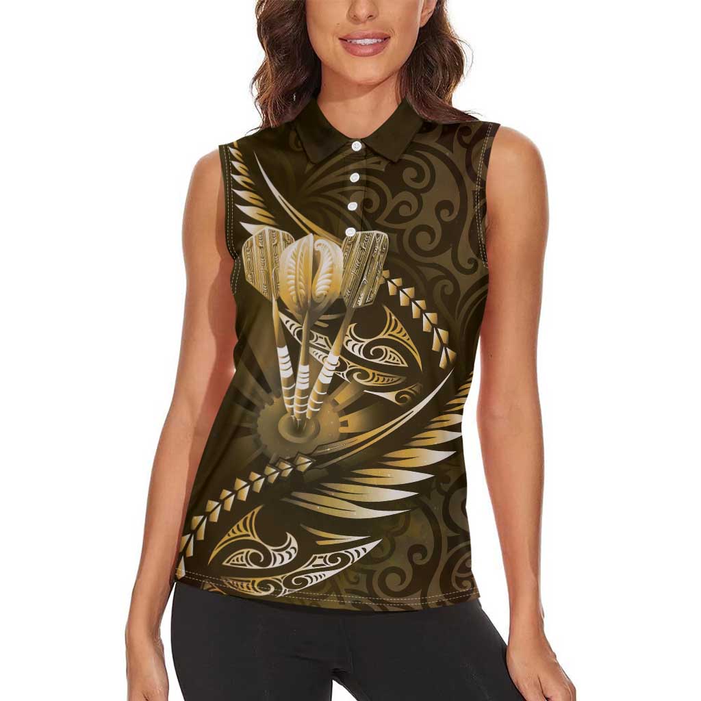 Personalised All Gold New Zealand Darts Women Sleeveless Polo Shirt Aoteroa Fern Maori Galaxy Style