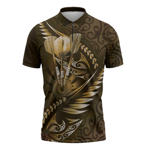 Personalised All Gold New Zealand Darts Zipper Polo Shirt Aoteroa Fern Maori Galaxy Style - Aussie Hoodie