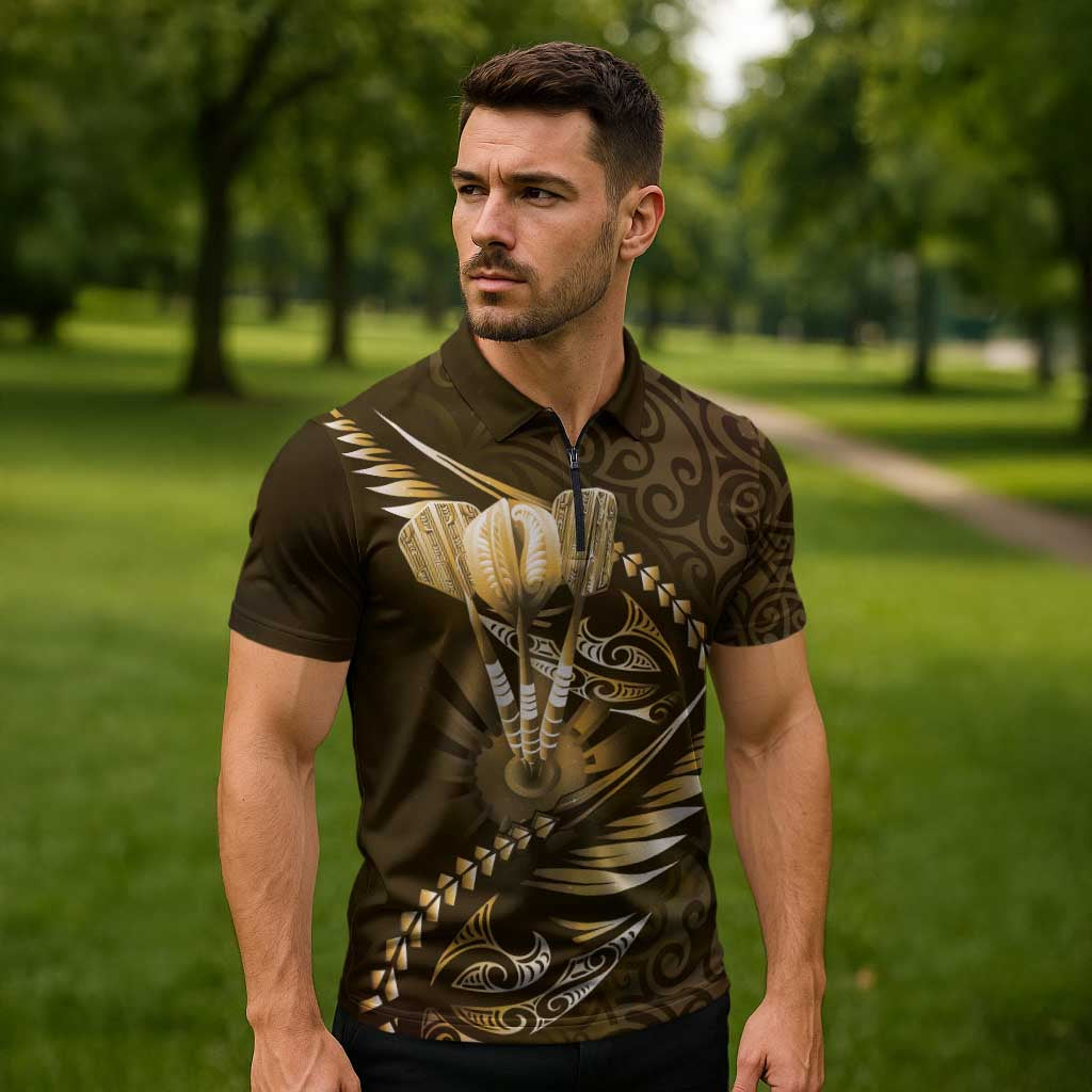 Personalised All Gold New Zealand Darts Zipper Polo Shirt Aoteroa Fern Maori Galaxy Style - Aussie Hoodie