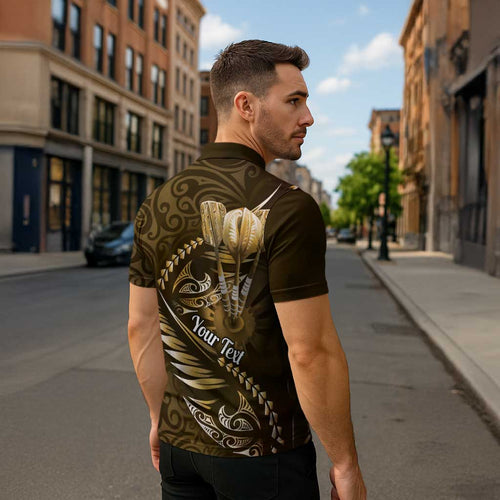 Personalised All Gold New Zealand Darts Zipper Polo Shirt Aoteroa Fern Maori Galaxy Style - Aussie Hoodie