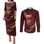 Personalised All Red New Zealand Darts Couples Matching Puletasi and Long Sleeve Button Shirt Aoteroa Fern Maori Galaxy Style