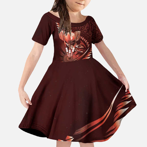 Personalised All Red New Zealand Darts Family Matching Off The Shoulder Long Sleeve Dress and Hawaiian Shirt Aoteroa Fern Maori Galaxy Style
