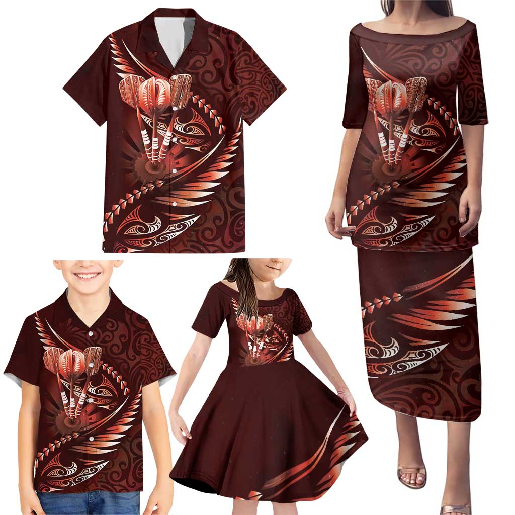 Personalised All Red New Zealand Darts Family Matching Puletasi and Hawaiian Shirt Aoteroa Fern Maori Galaxy Style