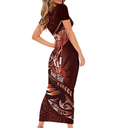 Personalised All Red New Zealand Darts Family Matching Short Sleeve Bodycon Dress and Hawaiian Shirt Aoteroa Fern Maori Galaxy Style