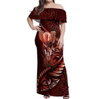 Personalised All Red New Zealand Darts Off Shoulder Maxi Dress Aoteroa Fern Maori Galaxy Style