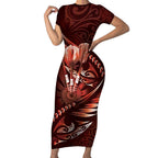 Personalised All Red New Zealand Darts Short Sleeve Bodycon Dress Aoteroa Fern Maori Galaxy Style