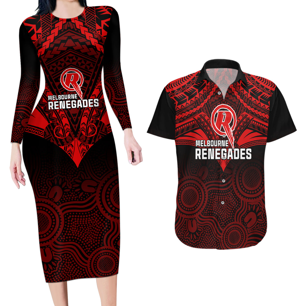 melbourne-renegades-cricket-couples-matching-long-sleeve-bodycon-dress-and-hawaiian-shirt-2023-unique-indigenous-art-mix-polynesian-pattern