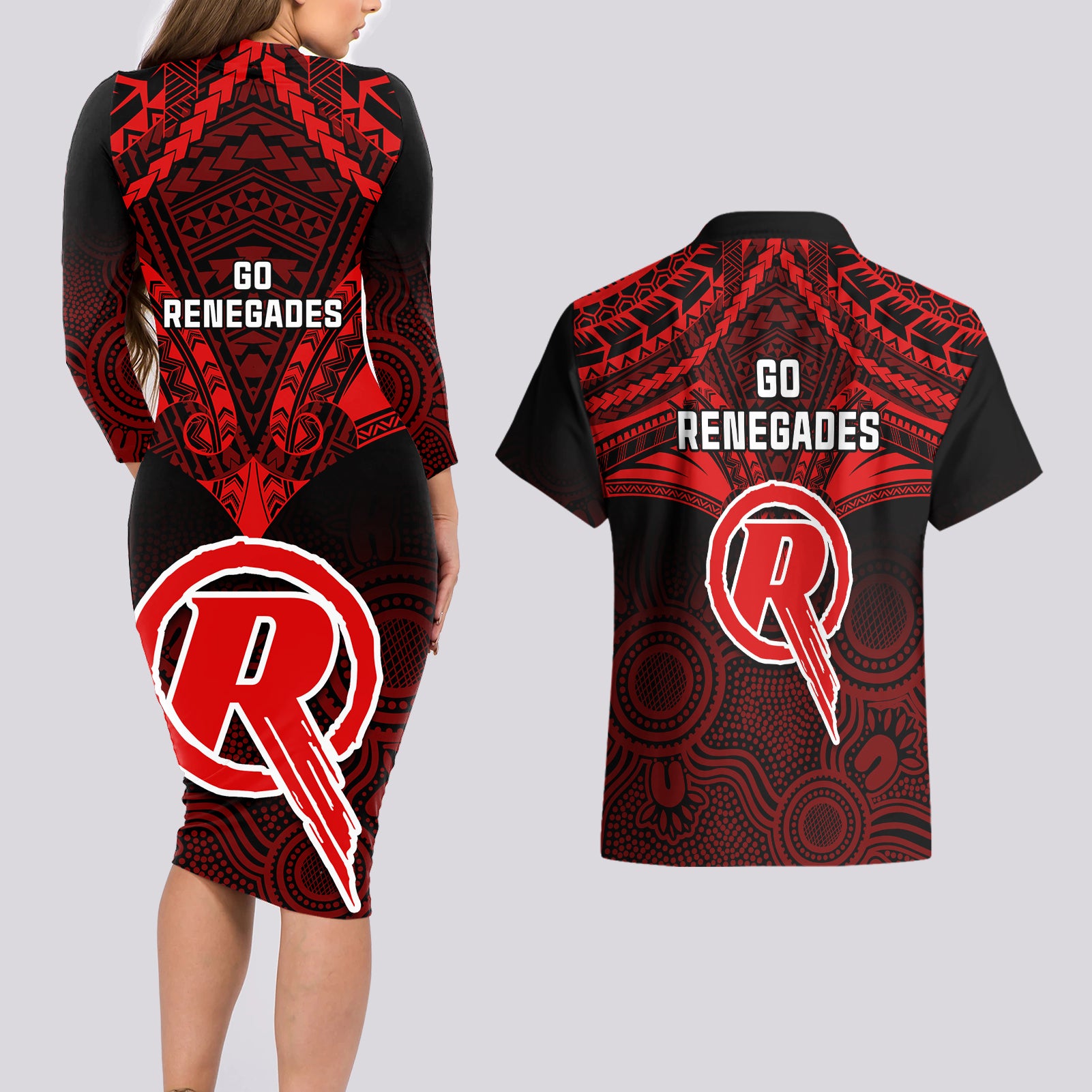 melbourne-renegades-cricket-couples-matching-long-sleeve-bodycon-dress-and-hawaiian-shirt-2023-unique-indigenous-art-mix-polynesian-pattern