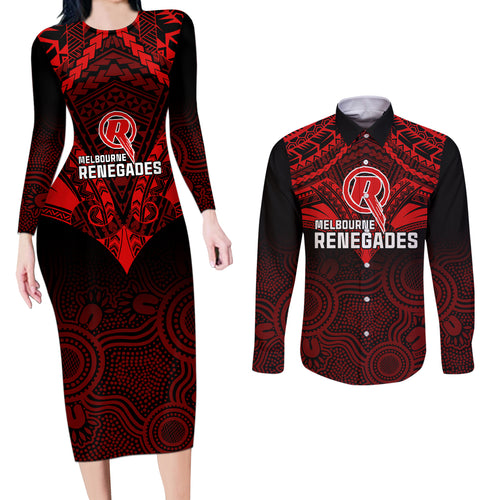 melbourne-renegades-cricket-couples-matching-long-sleeve-bodycon-dress-and-long-sleeve-button-shirts-2023-unique-indigenous-art-mix-polynesian-pattern