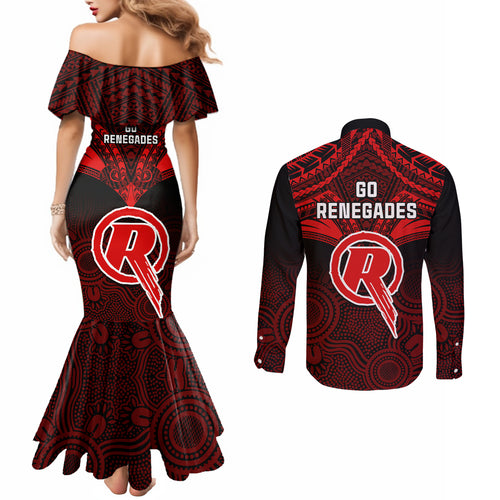 melbourne-renegades-cricket-couples-matching-mermaid-dress-and-long-sleeve-button-shirts-2023-unique-indigenous-art-mix-polynesian-pattern