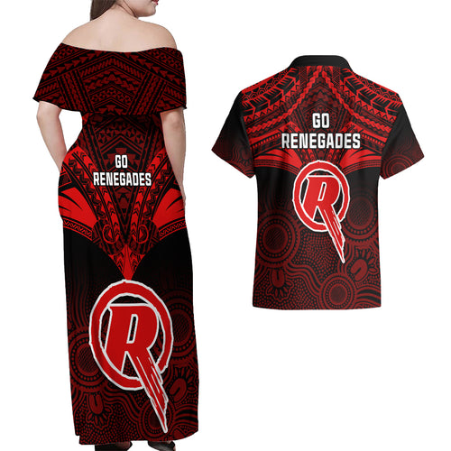 melbourne-renegades-cricket-couples-matching-off-shoulder-maxi-dress-and-hawaiian-shirt-2023-unique-indigenous-art-mix-polynesian-pattern
