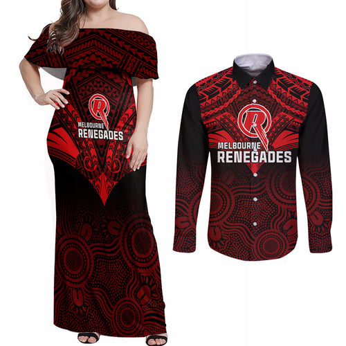 melbourne-renegades-cricket-couples-matching-off-shoulder-maxi-dress-and-long-sleeve-button-shirts-2023-unique-indigenous-art-mix-polynesian-pattern