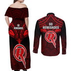 melbourne-renegades-cricket-couples-matching-off-shoulder-maxi-dress-and-long-sleeve-button-shirts-2023-unique-indigenous-art-mix-polynesian-pattern