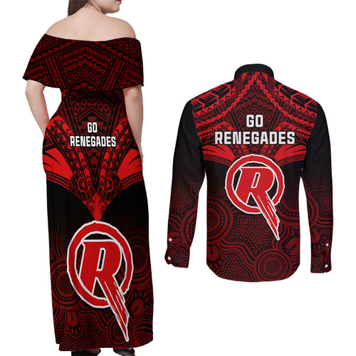 melbourne-renegades-cricket-couples-matching-off-shoulder-maxi-dress-and-long-sleeve-button-shirts-2023-unique-indigenous-art-mix-polynesian-pattern