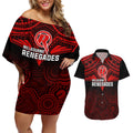 melbourne-renegades-cricket-couples-matching-off-shoulder-short-dress-and-hawaiian-shirt-2023-unique-indigenous-art-mix-polynesian-pattern