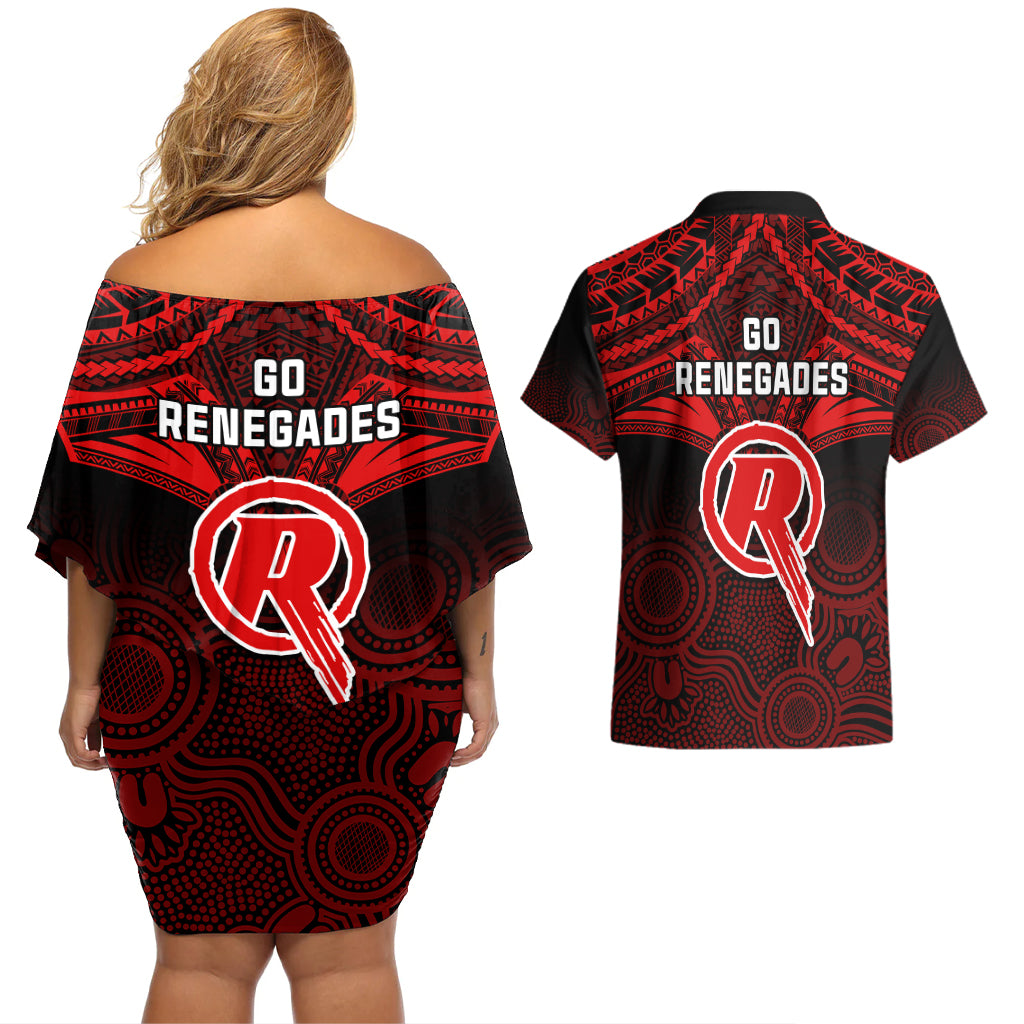 melbourne-renegades-cricket-couples-matching-off-shoulder-short-dress-and-hawaiian-shirt-2023-unique-indigenous-art-mix-polynesian-pattern
