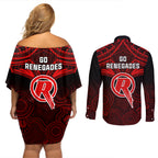 melbourne-renegades-cricket-couples-matching-off-shoulder-short-dress-and-long-sleeve-button-shirts-2023-unique-indigenous-art-mix-polynesian-pattern