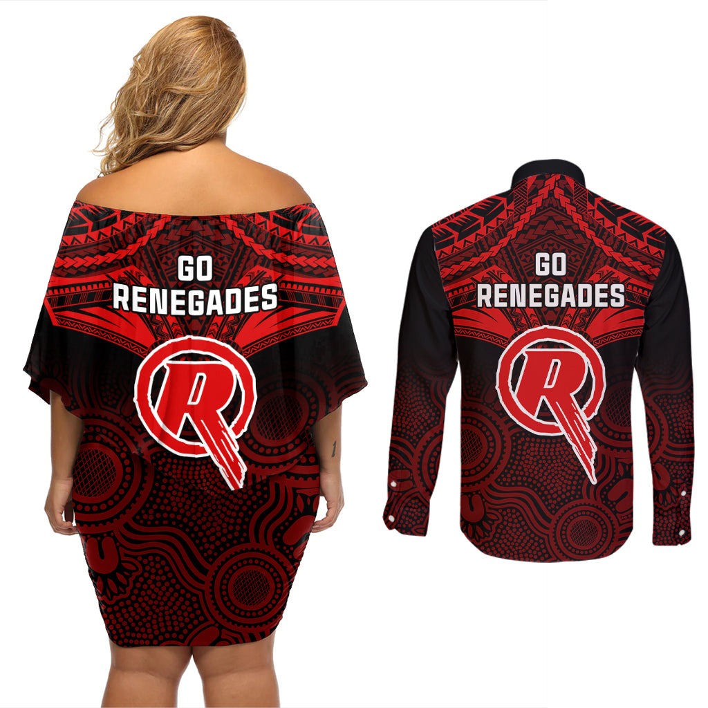 melbourne-renegades-cricket-couples-matching-off-shoulder-short-dress-and-long-sleeve-button-shirts-2023-unique-indigenous-art-mix-polynesian-pattern