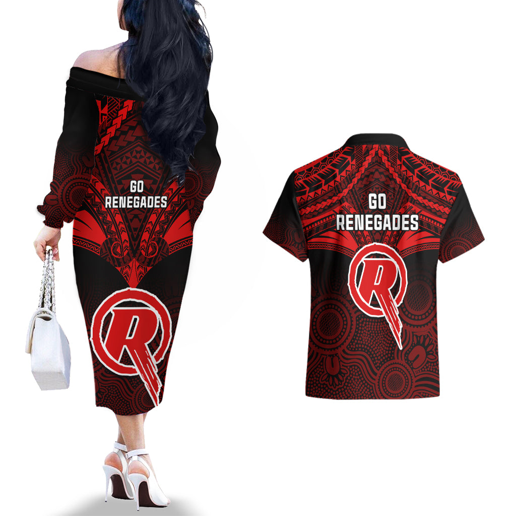 melbourne-renegades-cricket-couples-matching-off-the-shoulder-long-sleeve-dress-and-hawaiian-shirt-2023-unique-indigenous-art-mix-polynesian-pattern