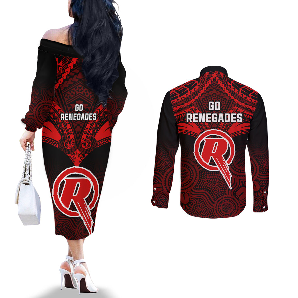 melbourne-renegades-cricket-couples-matching-off-the-shoulder-long-sleeve-dress-and-long-sleeve-button-shirts-2023-unique-indigenous-art-mix-polynesian-pattern