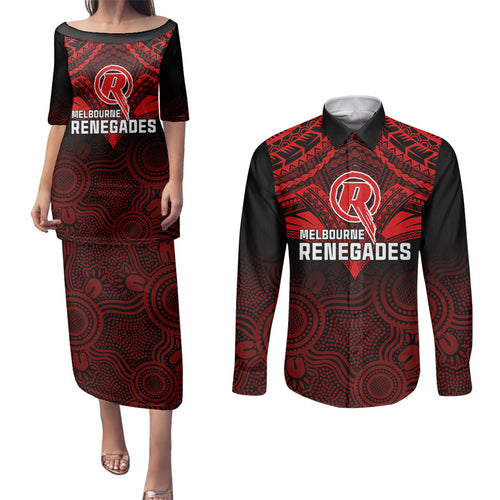 melbourne-renegades-cricket-couples-matching-puletasi-dress-and-long-sleeve-button-shirts-2023-unique-indigenous-art-mix-polynesian-pattern