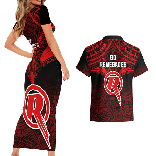 melbourne-renegades-cricket-couples-matching-short-sleeve-bodycon-dress-and-hawaiian-shirt-2023-unique-indigenous-art-mix-polynesian-pattern