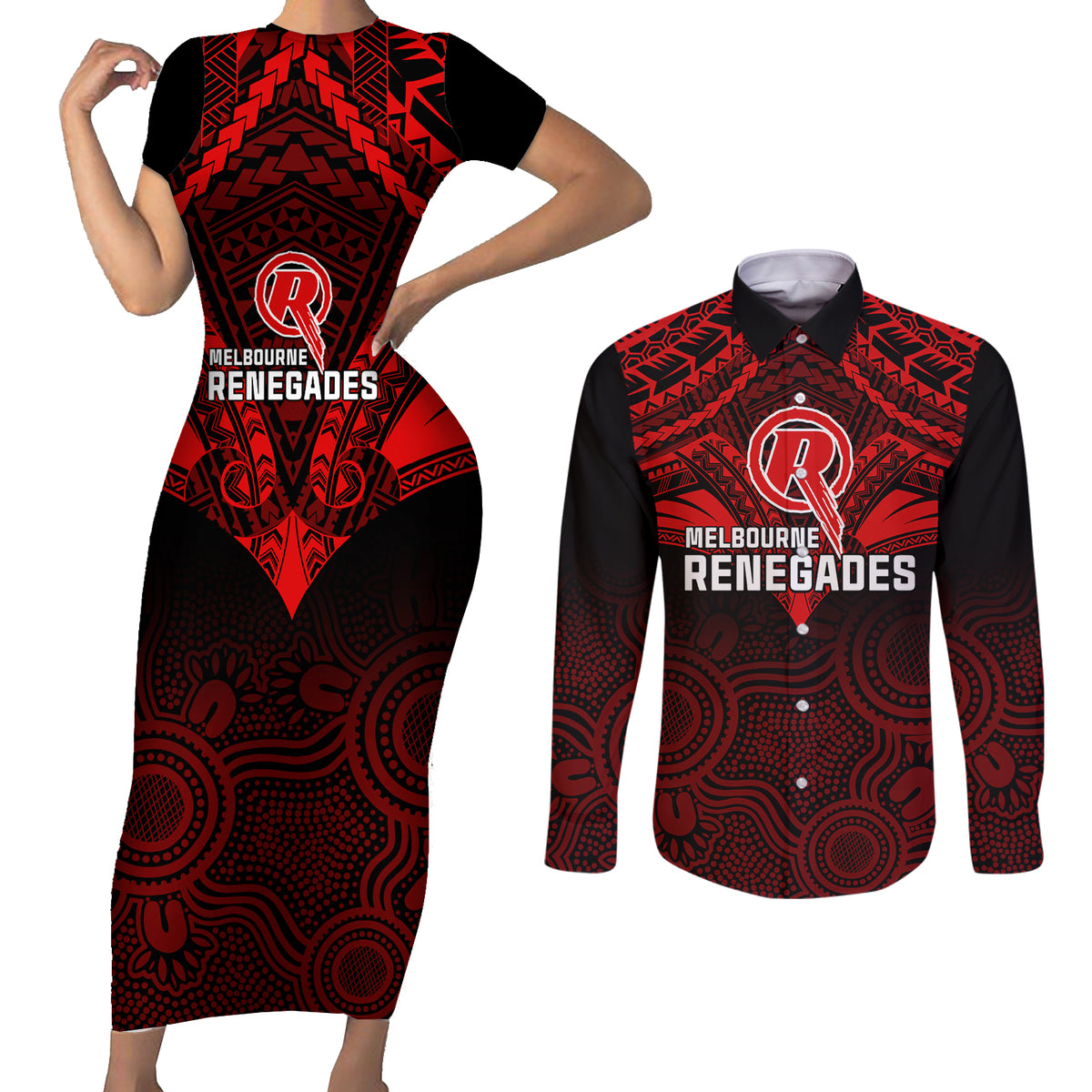 melbourne-renegades-cricket-couples-matching-short-sleeve-bodycon-dress-and-long-sleeve-button-shirts-2023-unique-indigenous-art-mix-polynesian-pattern