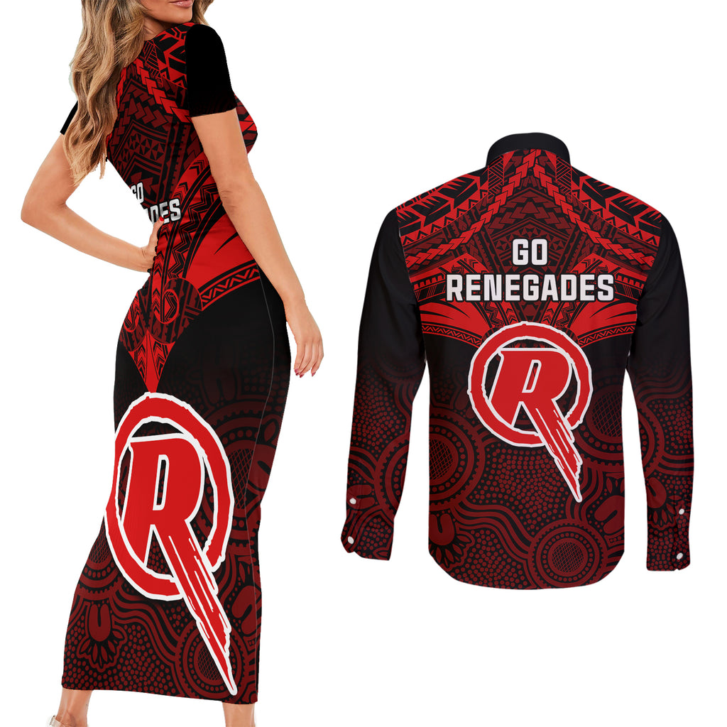 melbourne-renegades-cricket-couples-matching-short-sleeve-bodycon-dress-and-long-sleeve-button-shirts-2023-unique-indigenous-art-mix-polynesian-pattern
