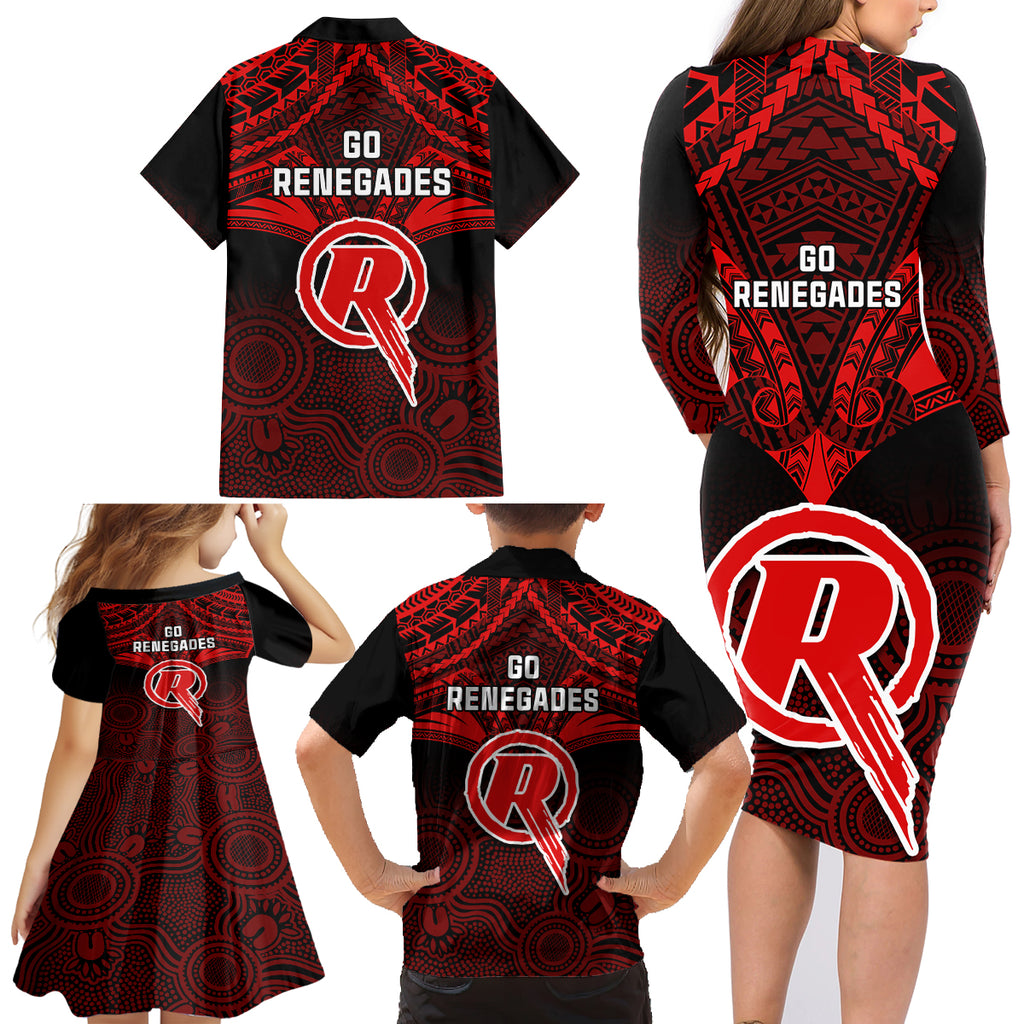 melbourne-renegades-cricket-family-matching-long-sleeve-bodycon-dress-and-hawaiian-shirt-2023-unique-indigenous-art-mix-polynesian-pattern
