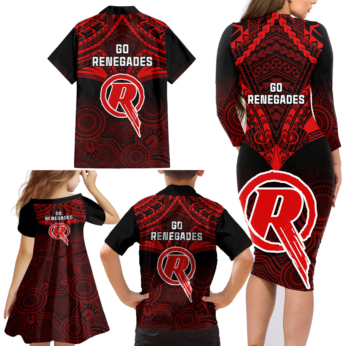 melbourne-renegades-cricket-family-matching-long-sleeve-bodycon-dress-and-hawaiian-shirt-2023-unique-indigenous-art-mix-polynesian-pattern