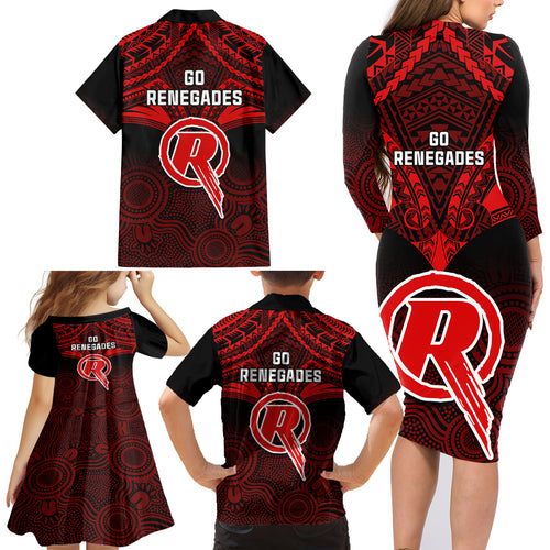 melbourne-renegades-cricket-family-matching-long-sleeve-bodycon-dress-and-hawaiian-shirt-2023-unique-indigenous-art-mix-polynesian-pattern