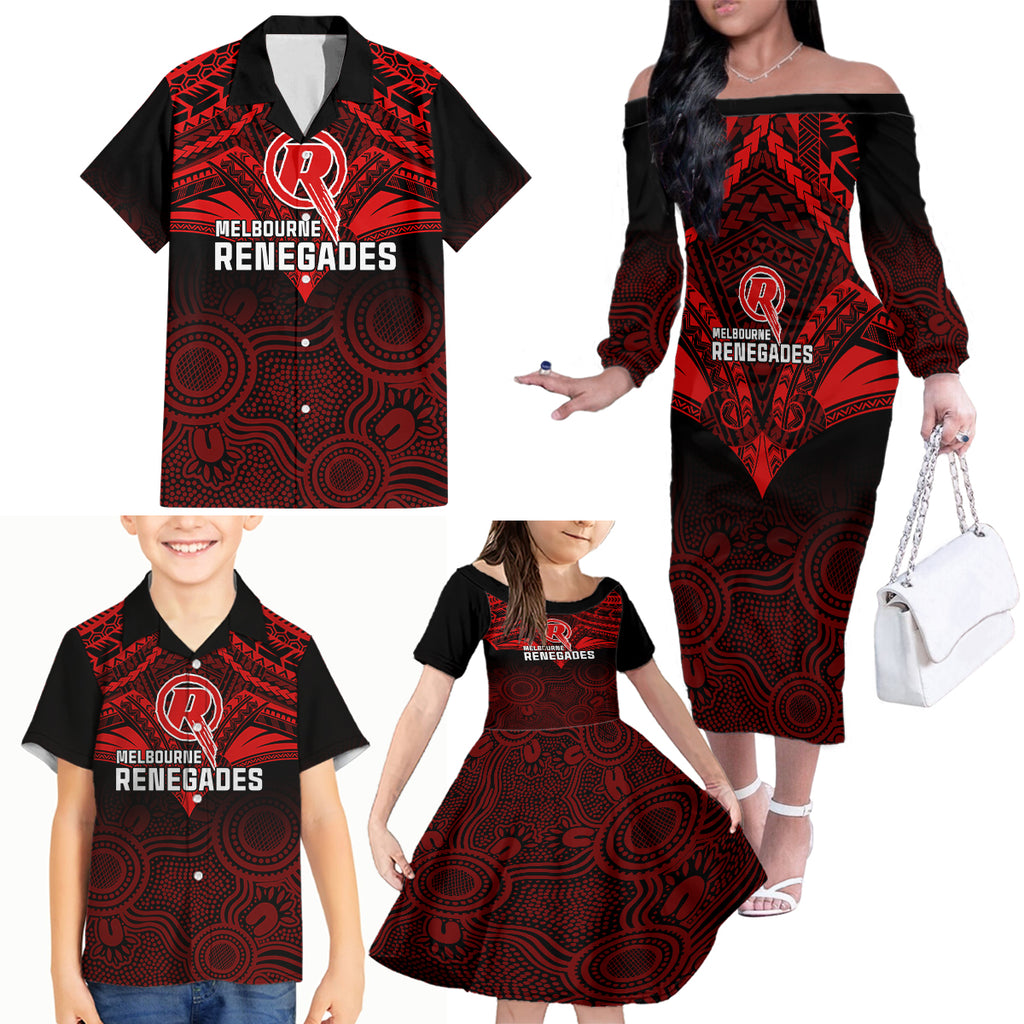 melbourne-renegades-cricket-family-matching-off-shoulder-long-sleeve-dress-and-hawaiian-shirt-2023-unique-indigenous-art-mix-polynesian-pattern