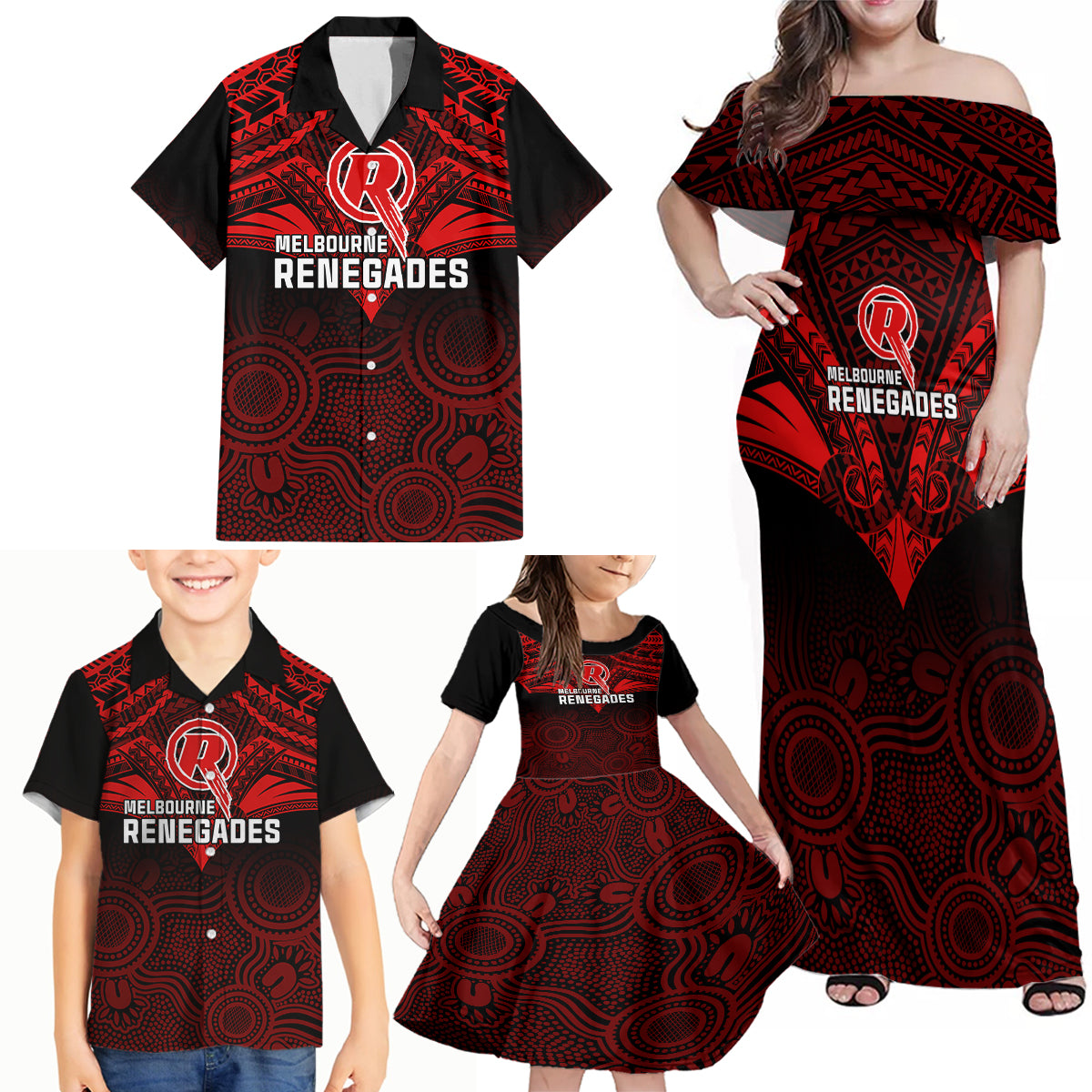 melbourne-renegades-cricket-family-matching-off-shoulder-maxi-dress-and-hawaiian-shirt-2023-unique-indigenous-art-mix-polynesian-pattern
