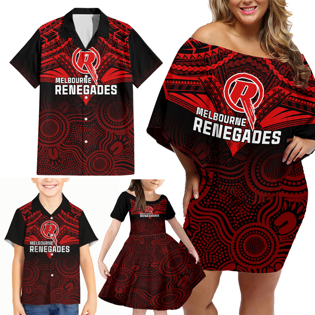 Melbourne Renegades Cricket Family Matching Off Shoulder Short Dress and Hawaiian Shirt 2023 Unique Indigenous Art Mix Polynesian Pattern LT14